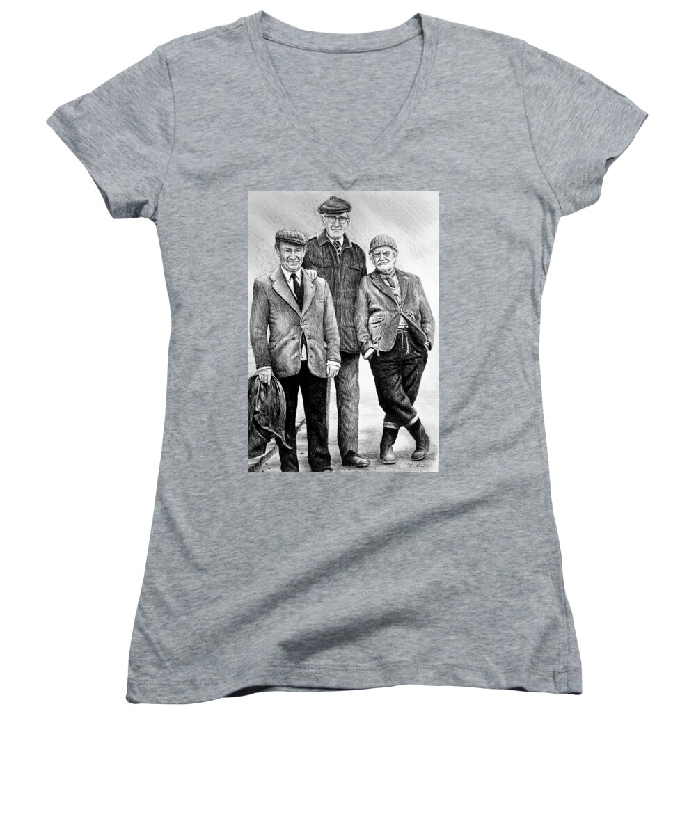  Last Of The Summer Wine Women's V-Neck featuring the painting Compo Clegg and Foggy 2 by Andrew Read