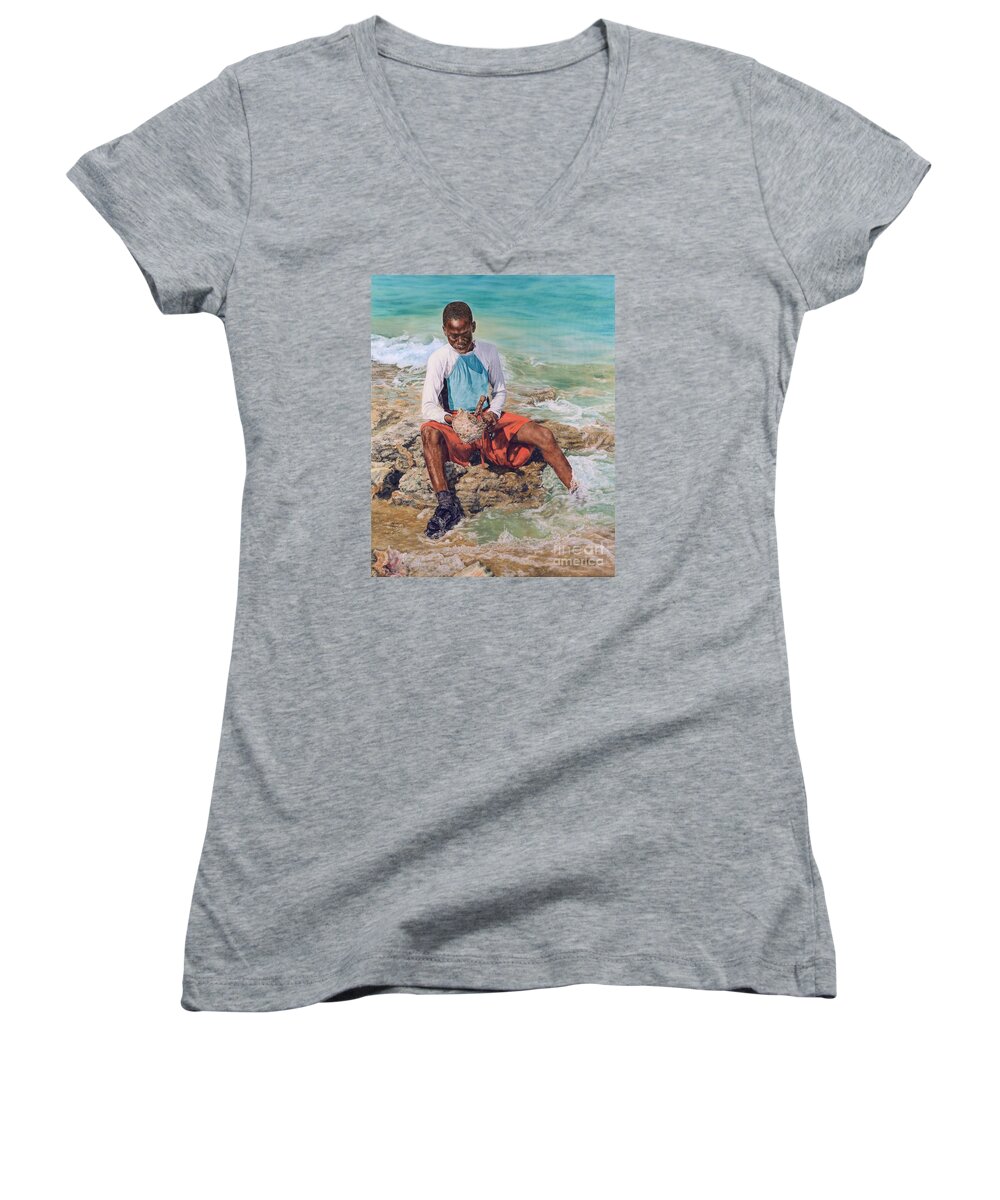 Roshanne Women's V-Neck featuring the painting Conch Boy II by Roshanne Minnis-Eyma