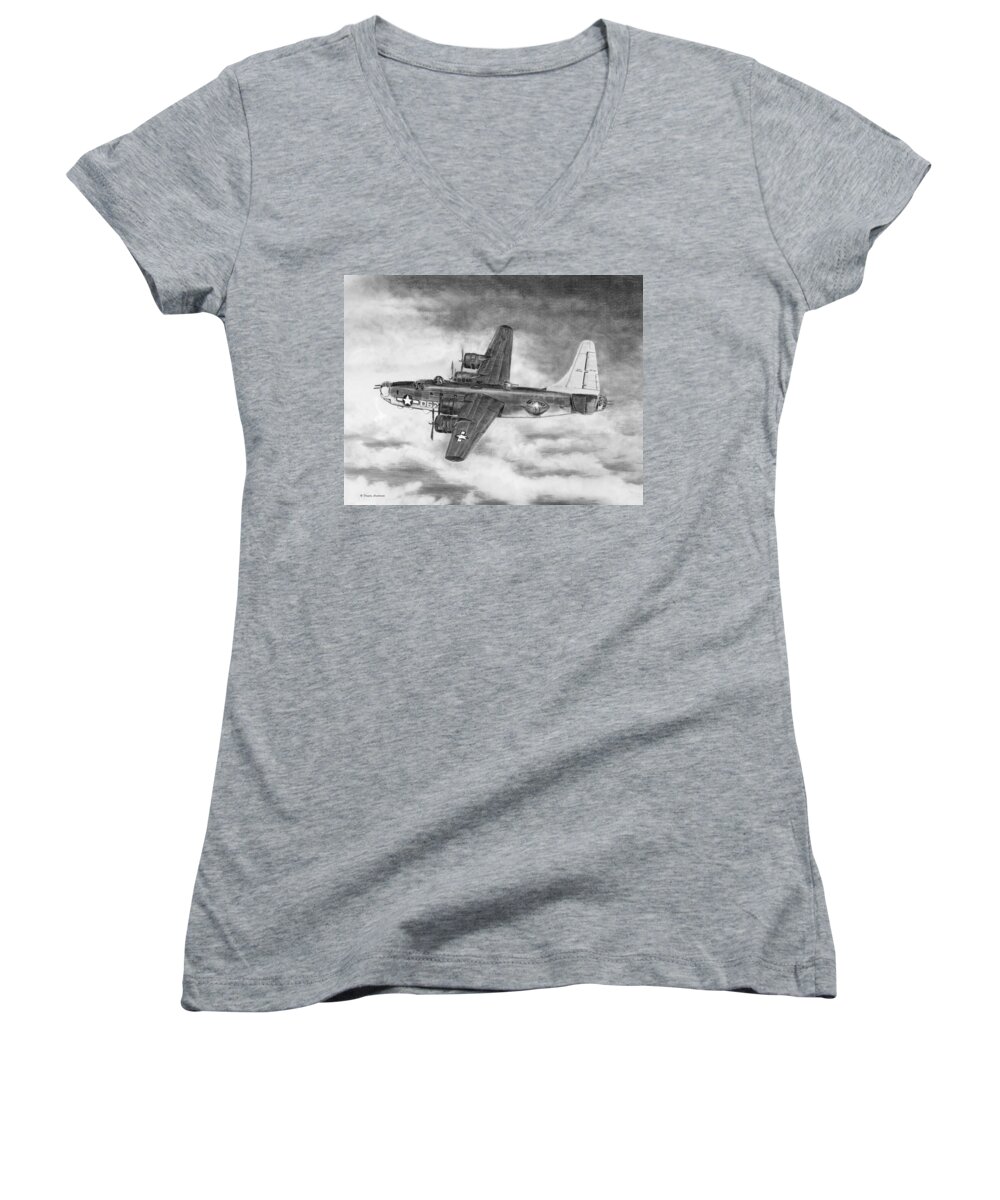 Aviation Women's V-Neck featuring the drawing Consolidated PB4Y-2 Privateer by Douglas Castleman