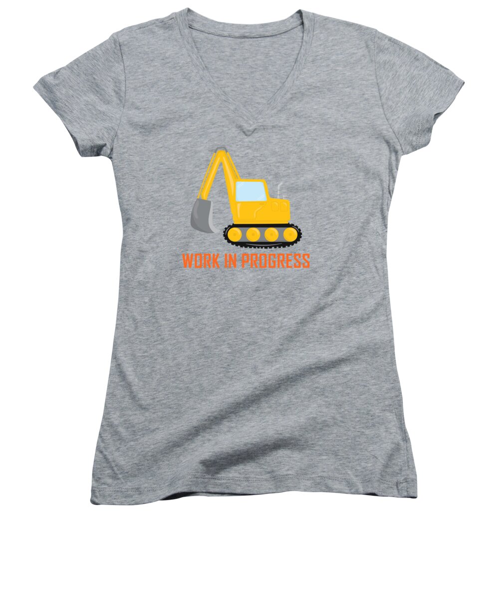 Excavator Women's V-Neck featuring the digital art Construction Zone - Excavator Work In Progress Gifts - Grey Background by KayeCee Spain