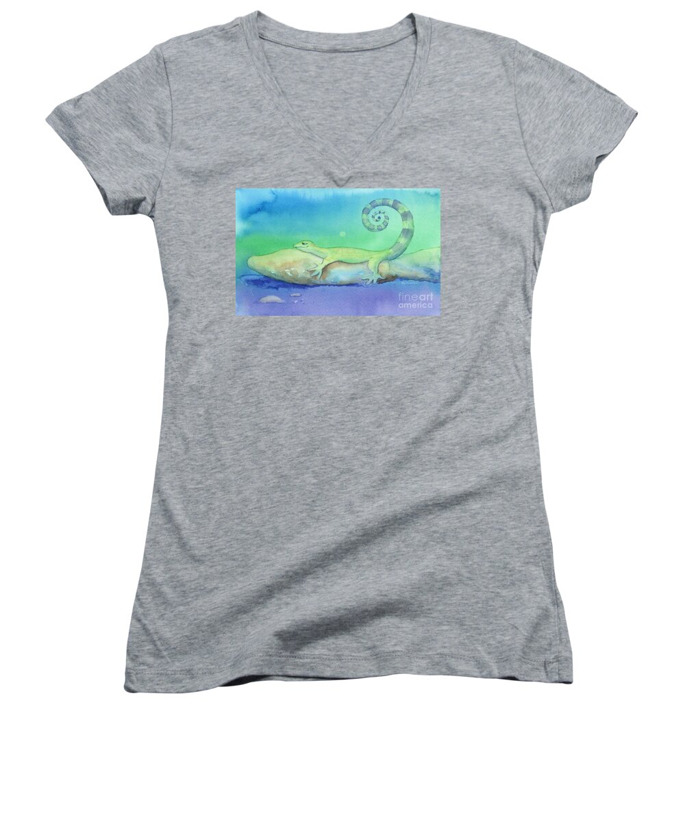 Lizard Women's V-Neck featuring the painting Cool Night Warm Rock by Amy Kirkpatrick