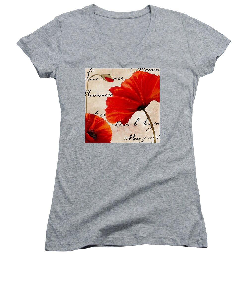 Poppies Women's V-Neck featuring the painting Coquelicots Rouge II by Mindy Sommers