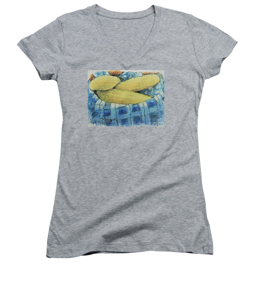 Corn Women's V-Neck featuring the pastel Corn in a Basket by Laurie Morgan