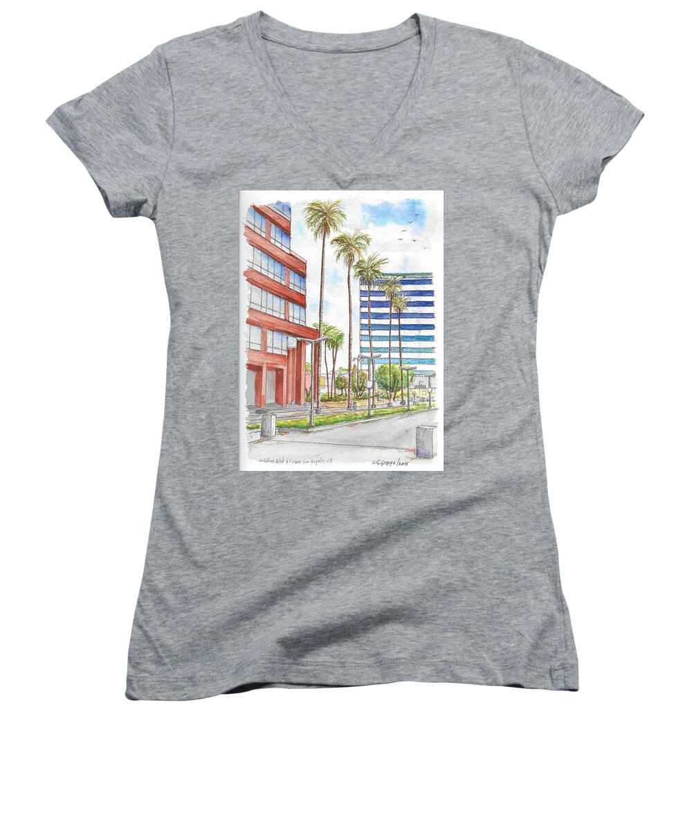 Urban Landscapes Women's V-Neck featuring the painting Corner Wilshire Blvd. and Curson, Miracle Mile, Los Angeles, CA by Carlos G Groppa
