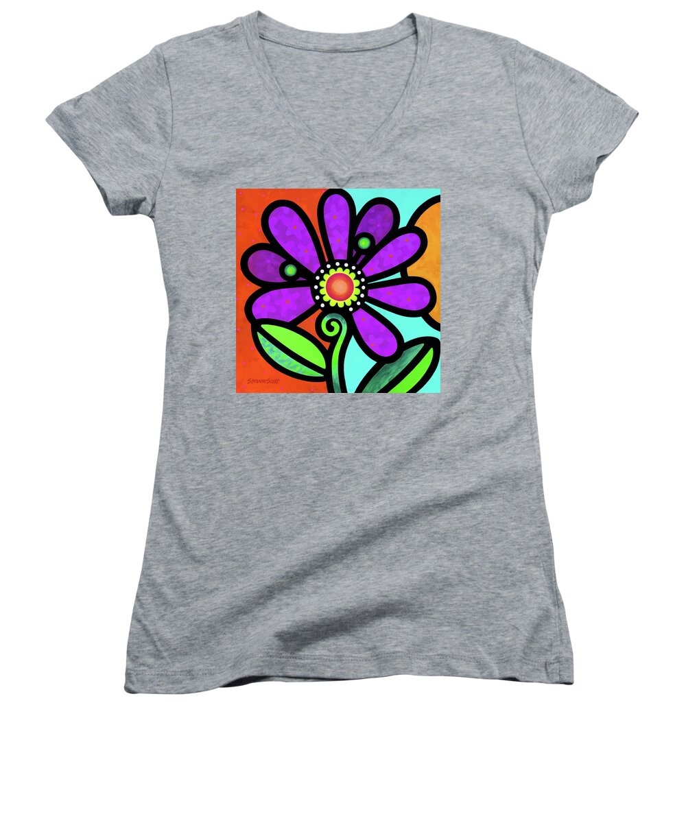 Daisy Women's V-Neck featuring the painting Cosmic Daisy in Purple by Steven Scott