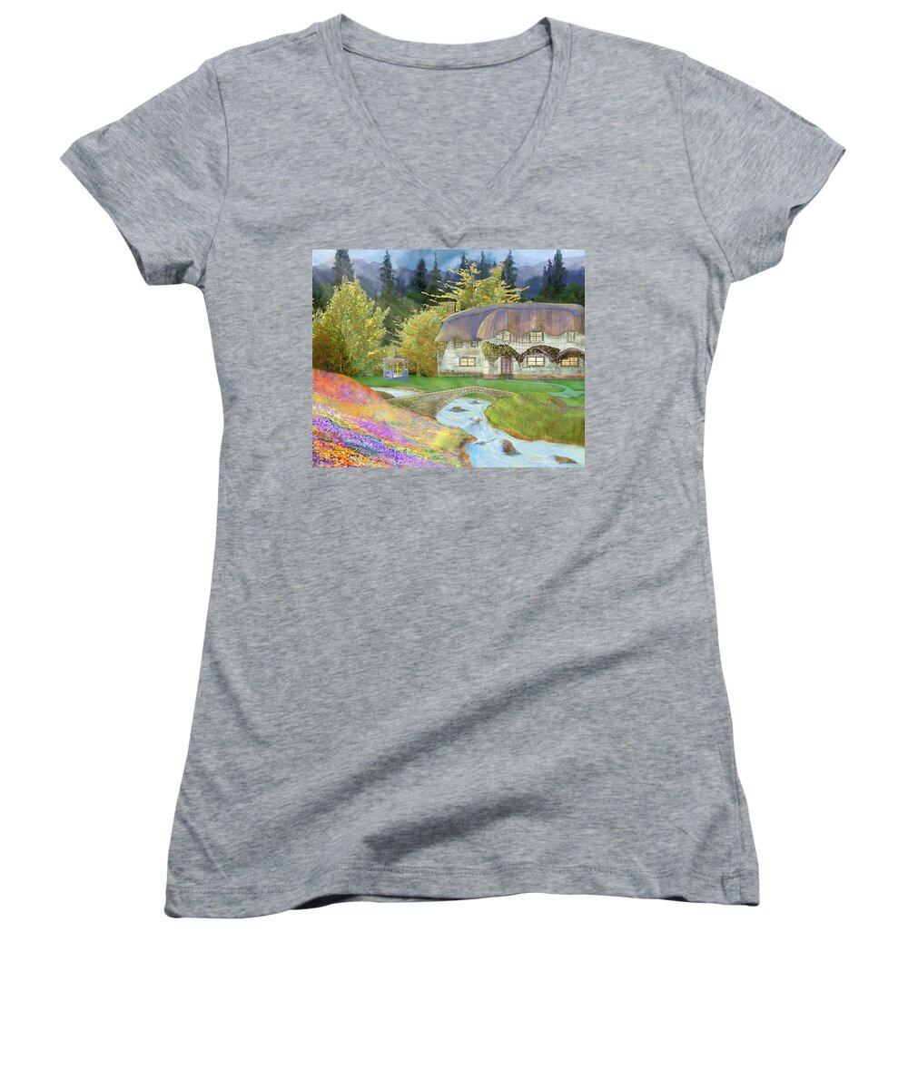 Victor Shelley Women's V-Neck featuring the painting Cottage by Victor Shelley