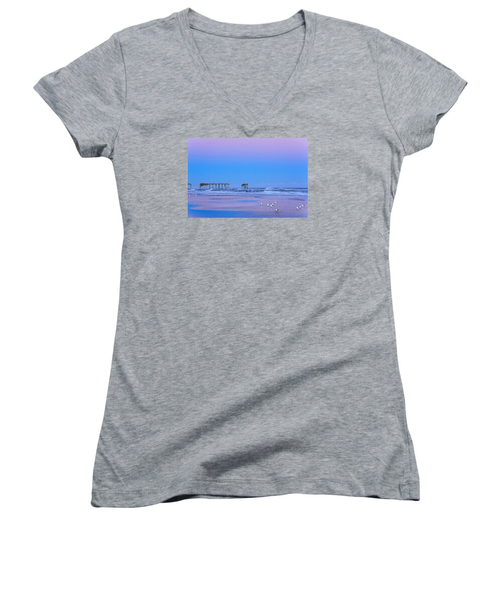 Nags Head Women's V-Neck featuring the photograph Cotton Candy Sunset by Joni Eskridge