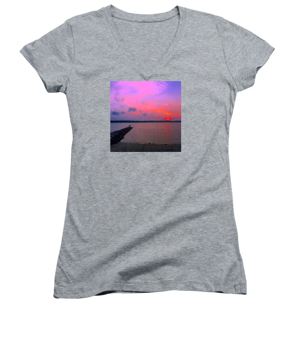 Sunset Women's V-Neck featuring the photograph Cotton Candy Sunset by Kate Arsenault 