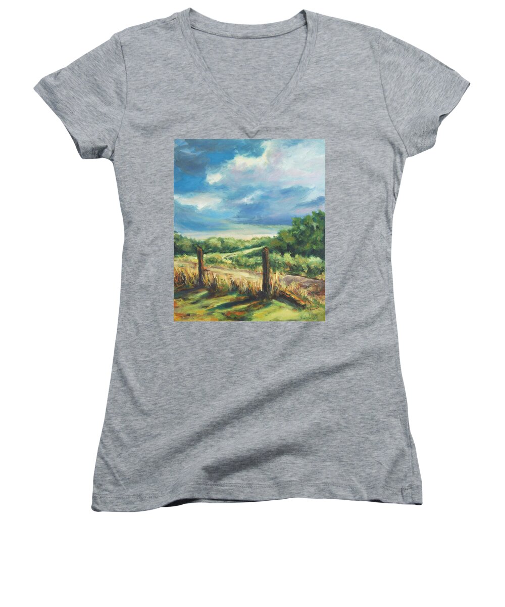 Clouds Women's V-Neck featuring the painting Country road by Rick Nederlof