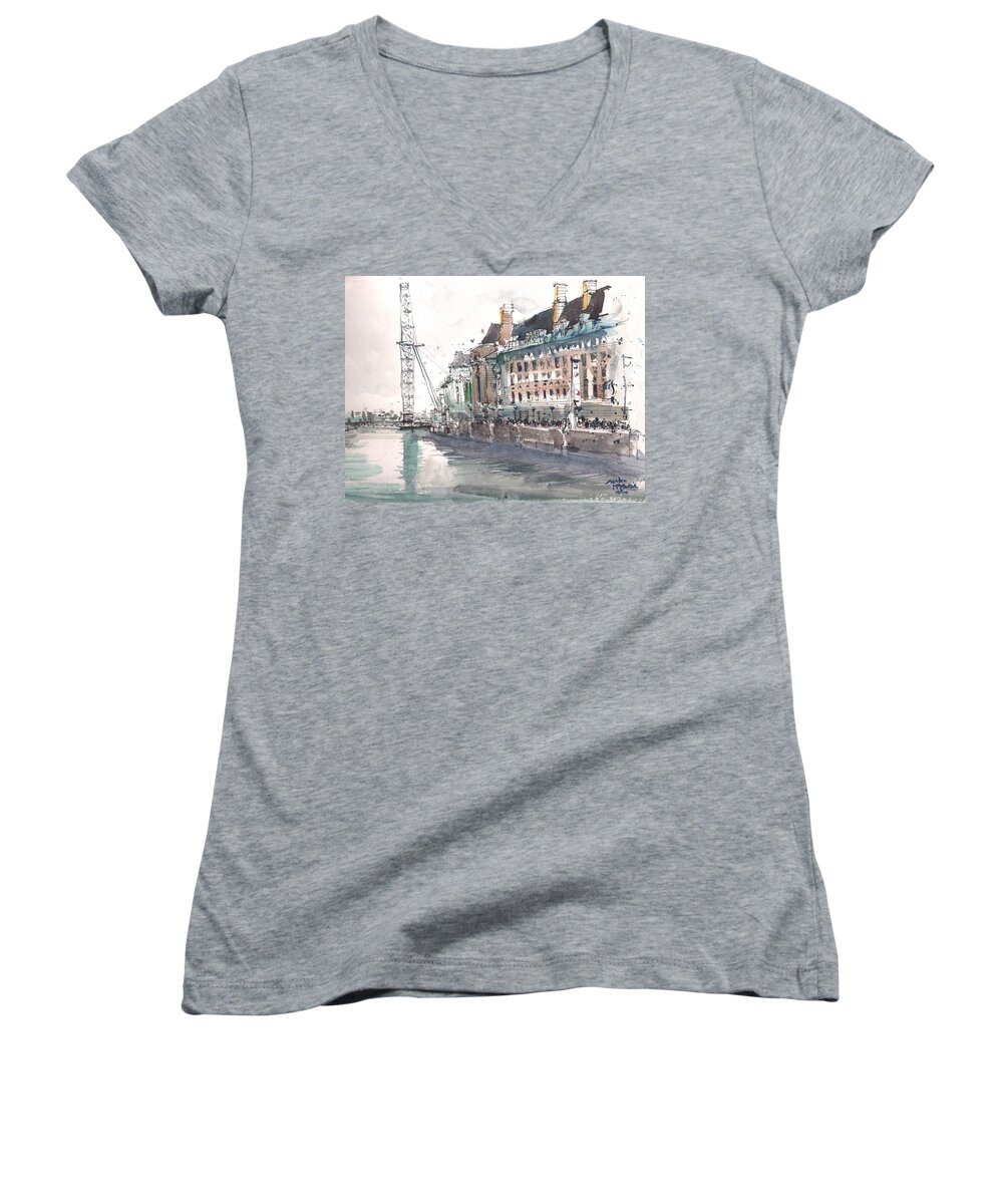 Architecture Women's V-Neck featuring the painting County Hall London by Gaston McKenzie