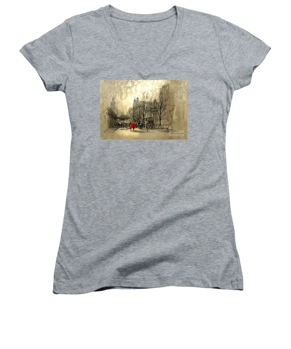Art Women's V-Neck featuring the painting Couple In City by Tithi Luadthong