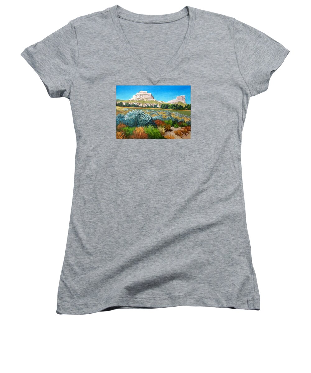 Art Women's V-Neck featuring the painting Courthouse and Jail Rocks Acrylic by Dan Miller