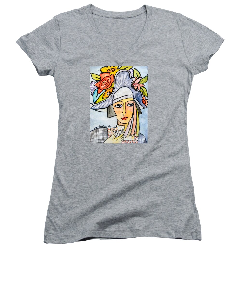 Cupcake Women's V-Neck featuring the painting Couture Chapeau by Marilyn Brooks