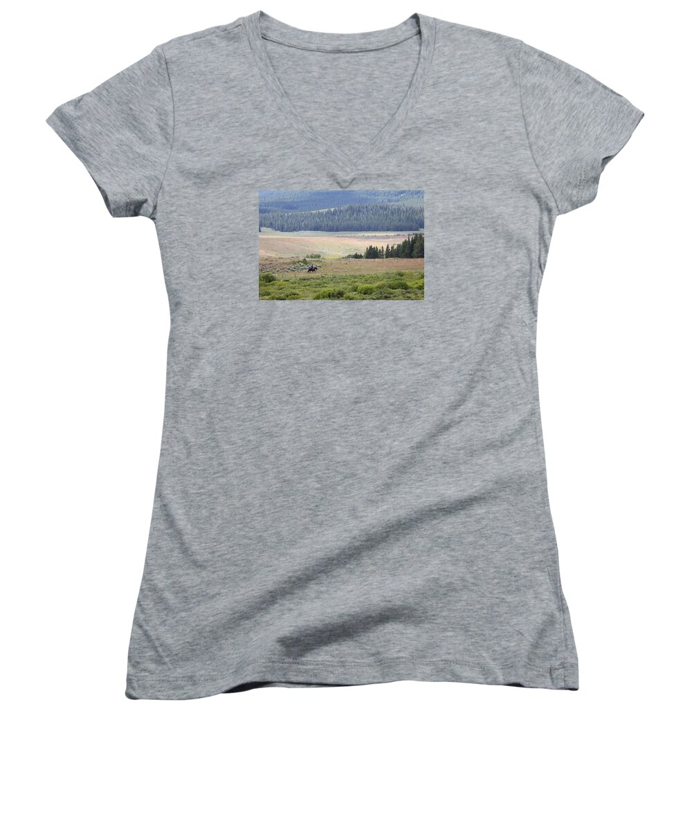 Wyoming Women's V-Neck featuring the photograph Cow Camp View by Diane Bohna