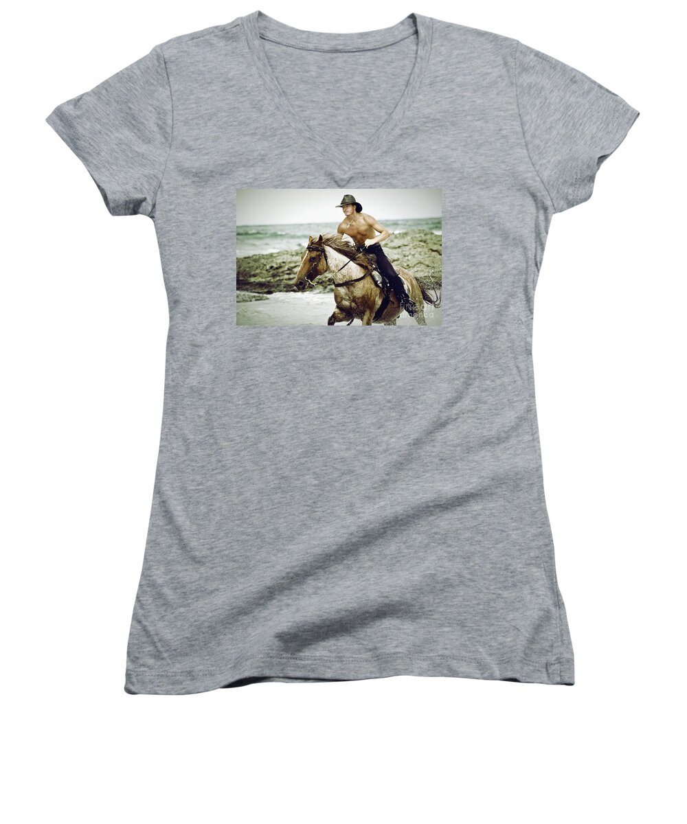 Horse Women's V-Neck featuring the photograph Cowboy riding horse on the beach by Dimitar Hristov