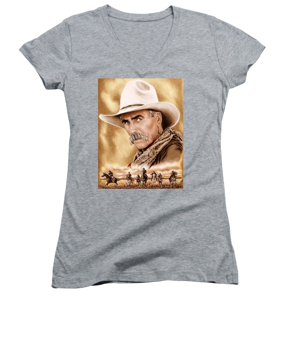 Cowboy Women's V-Neck featuring the painting Cowboy sepia edit by Andrew Read