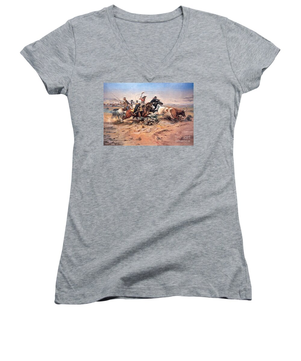 Cowboys Women's V-Neck featuring the painting Cowboys roping a steer by Charles Marion Russell