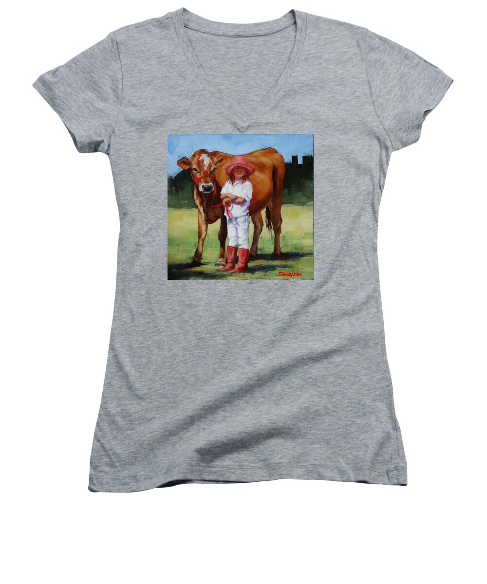 Cow Women's V-Neck featuring the painting Cowgirl Besties by Margaret Stockdale
