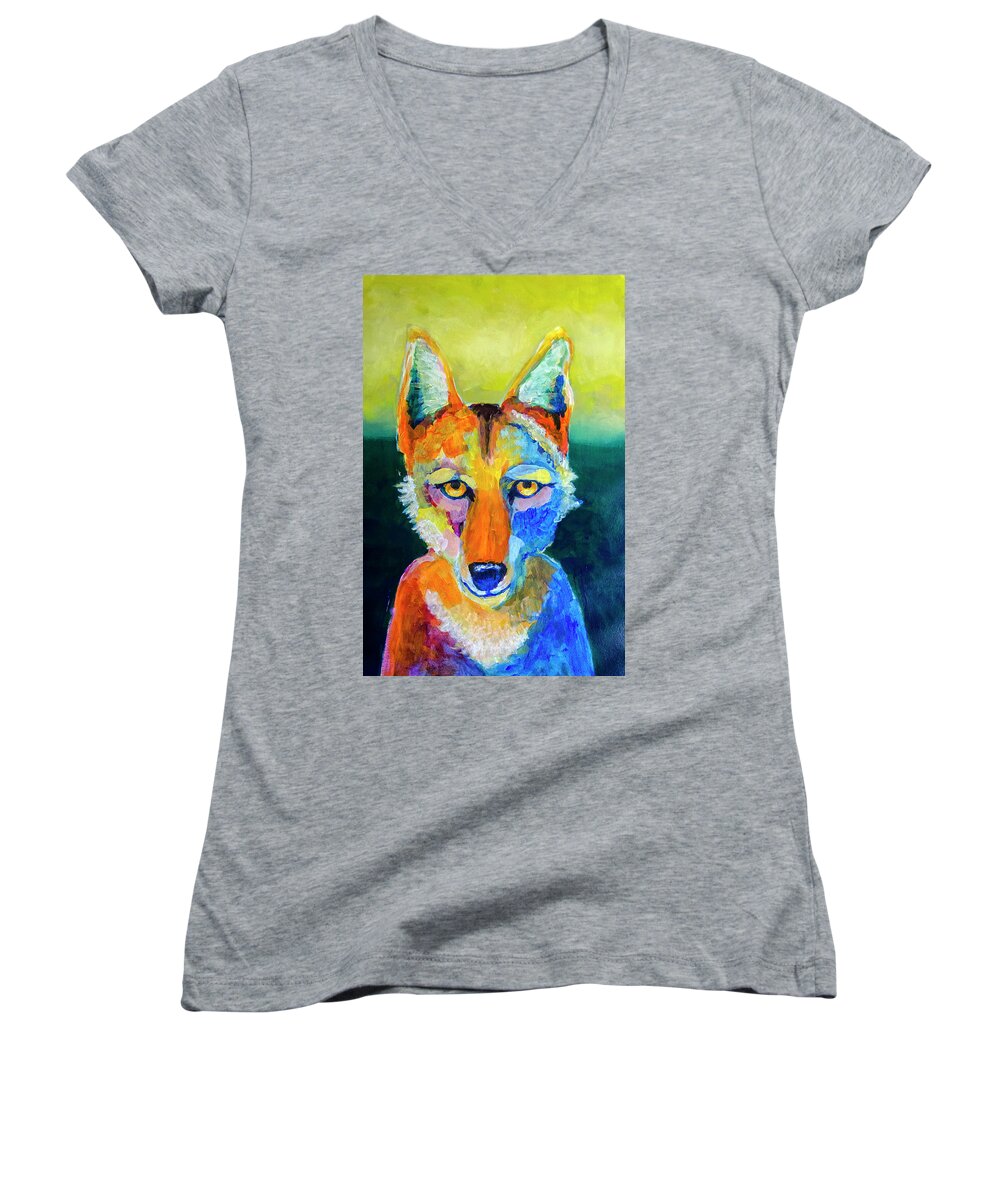 Coyote Women's V-Neck featuring the painting Coyote by Rick Mosher