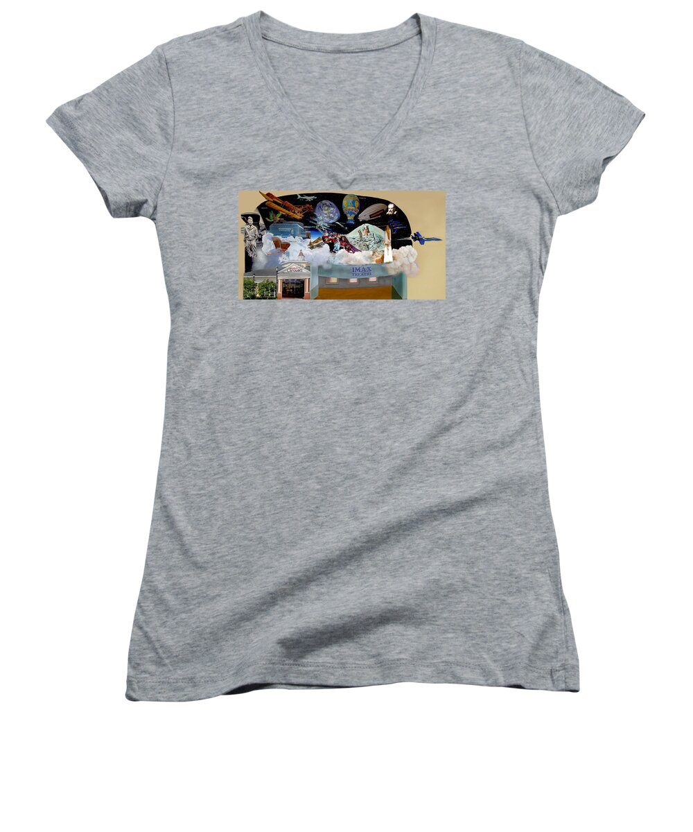 Outerspace Women's V-Neck featuring the painting Cradle Of Aviation Museum IMAX Theatre by Bonnie Siracusa