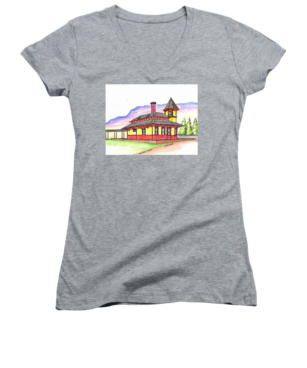 Drawings By Paul Meinerth Women's V-Neck featuring the drawing Crawford Notch Train Station by Paul Meinerth