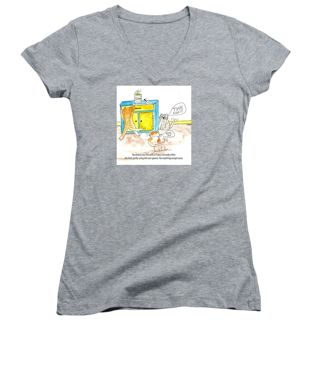 Cat Women's V-Neck featuring the painting Crazy Cat Lade 0008 by Lou Belcher