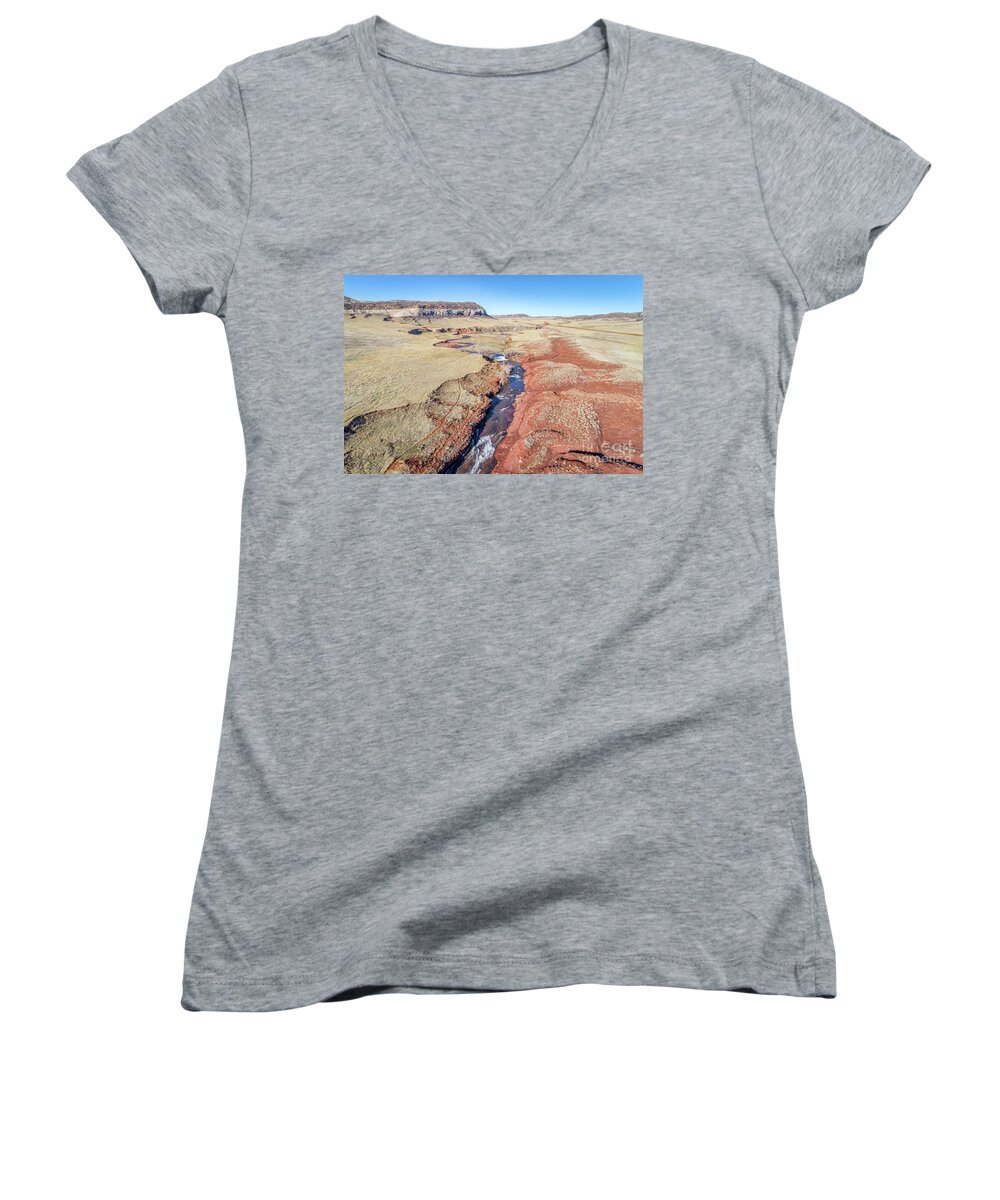 Colorado Women's V-Neck featuring the photograph creek at Colorado foothills - aerial view by Marek Uliasz