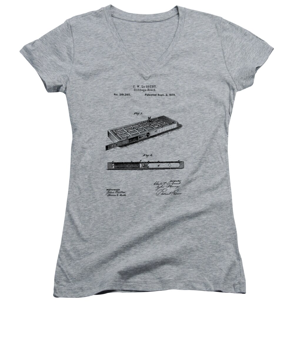 Cribbage Women's V-Neck featuring the drawing Cribbage Board 1879 Patent Art Transparent by Prior Art Design