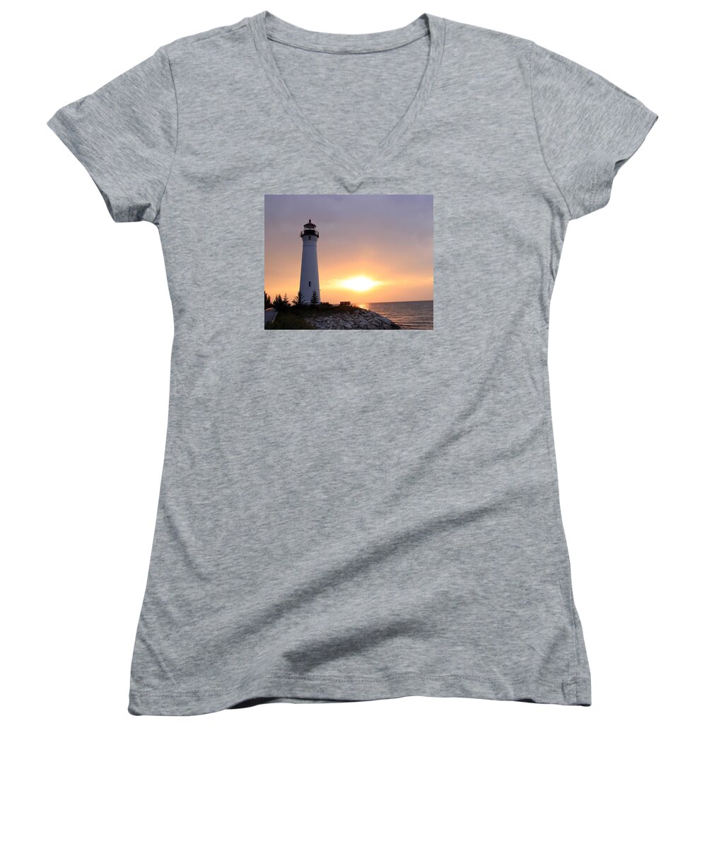 Lighthouse Women's V-Neck featuring the photograph Crisp Point Lighthouse at Sunset by George Jones
