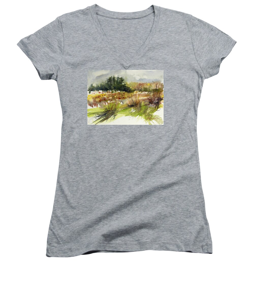 Landscape Women's V-Neck featuring the painting Critz's Pumpkin Patch by Judith Levins
