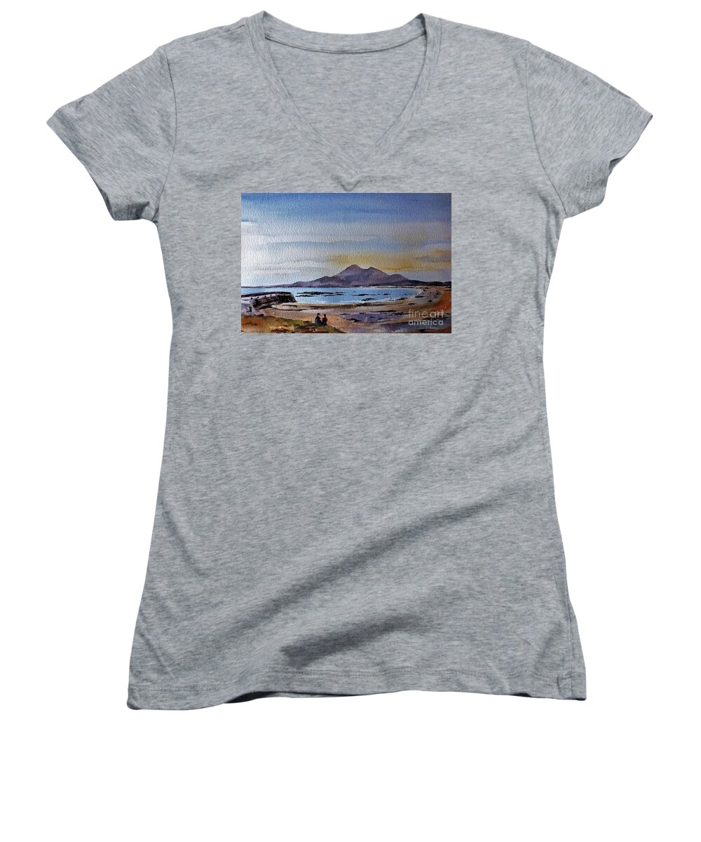 Croagh Patrick Women's V-Neck featuring the painting F801 Croagh Patrick from Old Head, Mayo by Val Byrne