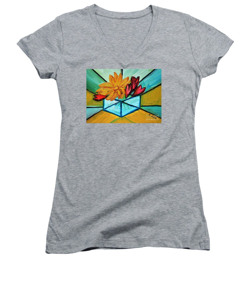 Cubic Women's V-Neck featuring the painting Cubes by Ramona Matei