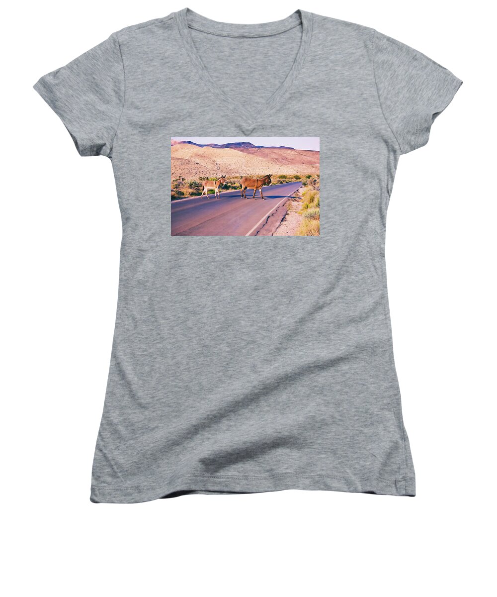 Burros Women's V-Neck featuring the photograph Crossing the desert road by Tatiana Travelways