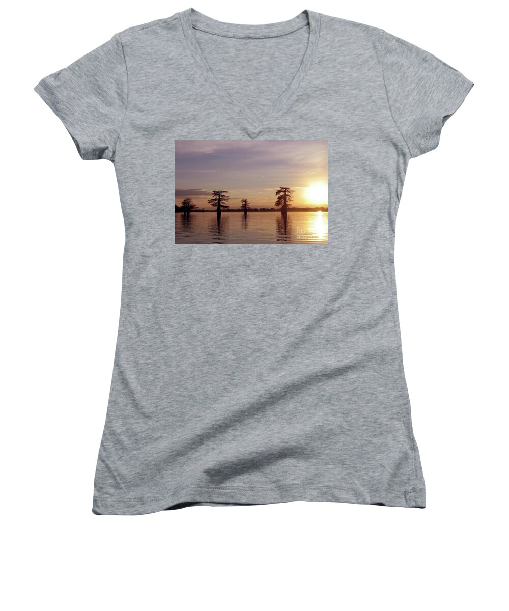 Landscape Women's V-Neck featuring the photograph Cypress Sunset by Sheila Ping