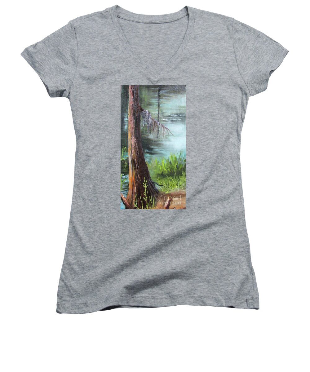 Cypress Women's V-Neck featuring the painting Cypress Up Close by Barbara Haviland