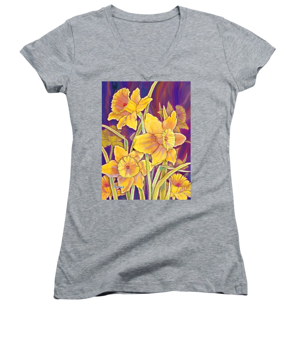 Daffodils Women's V-Neck featuring the mixed media Daffodils by Teresa Ascone