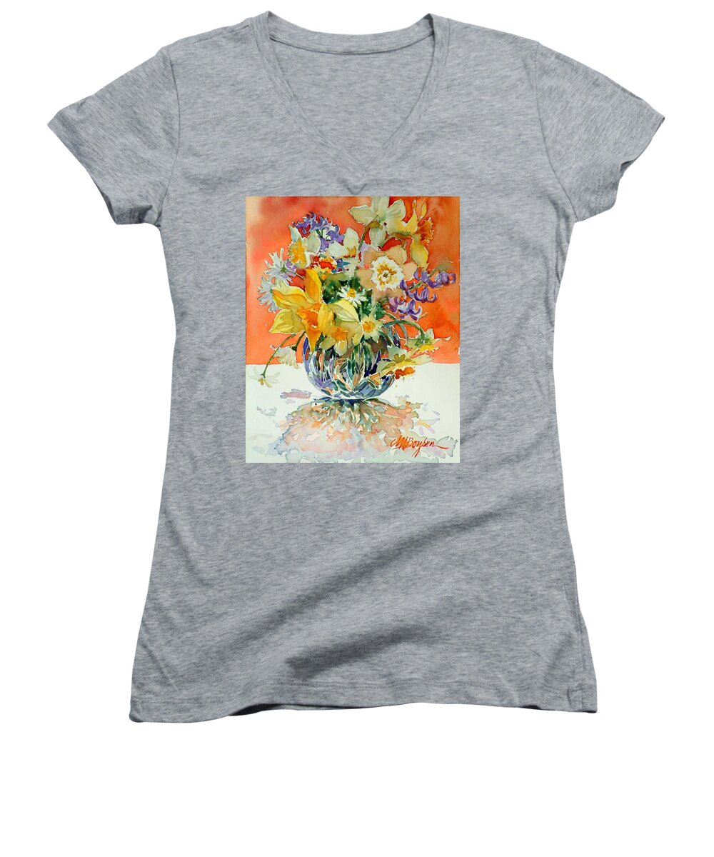 Floral Arrangements Women's V-Neck featuring the painting Daffs and Daisies by Maryann Boysen