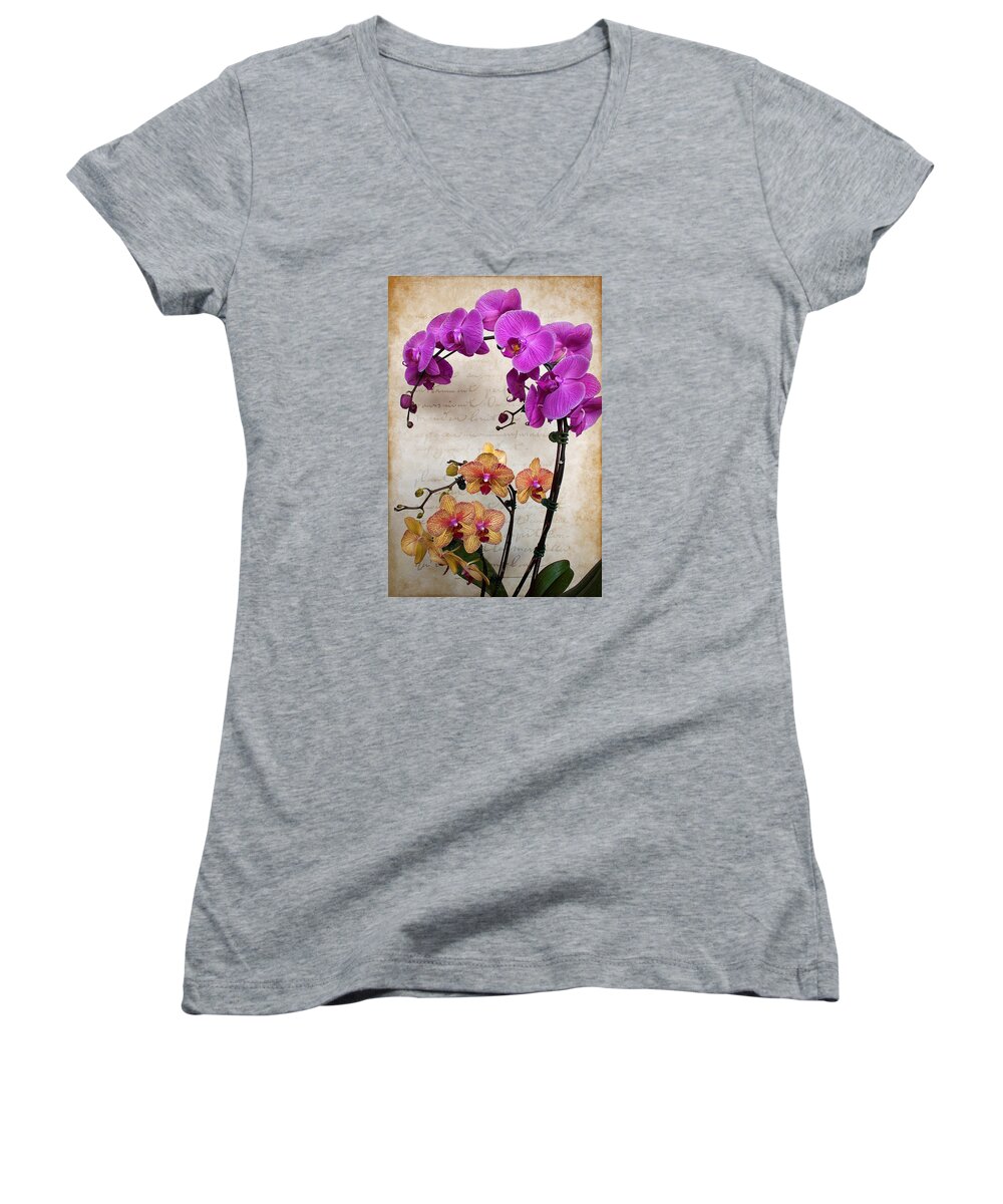 Brown Women's V-Neck featuring the photograph Dancing Orchids by Milena Ilieva