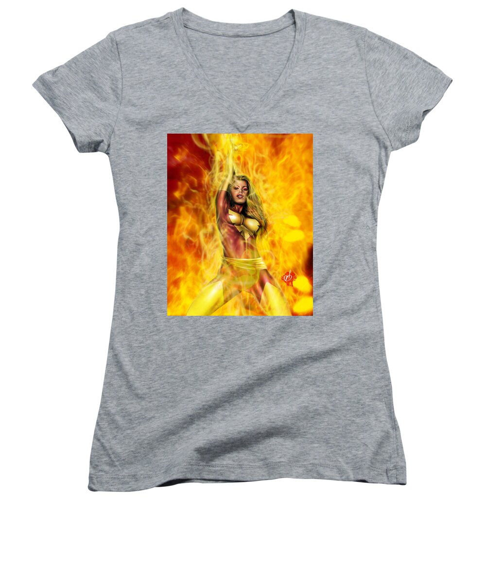 Marvel Women's V-Neck featuring the painting Dark Phoenix by Pete Tapang