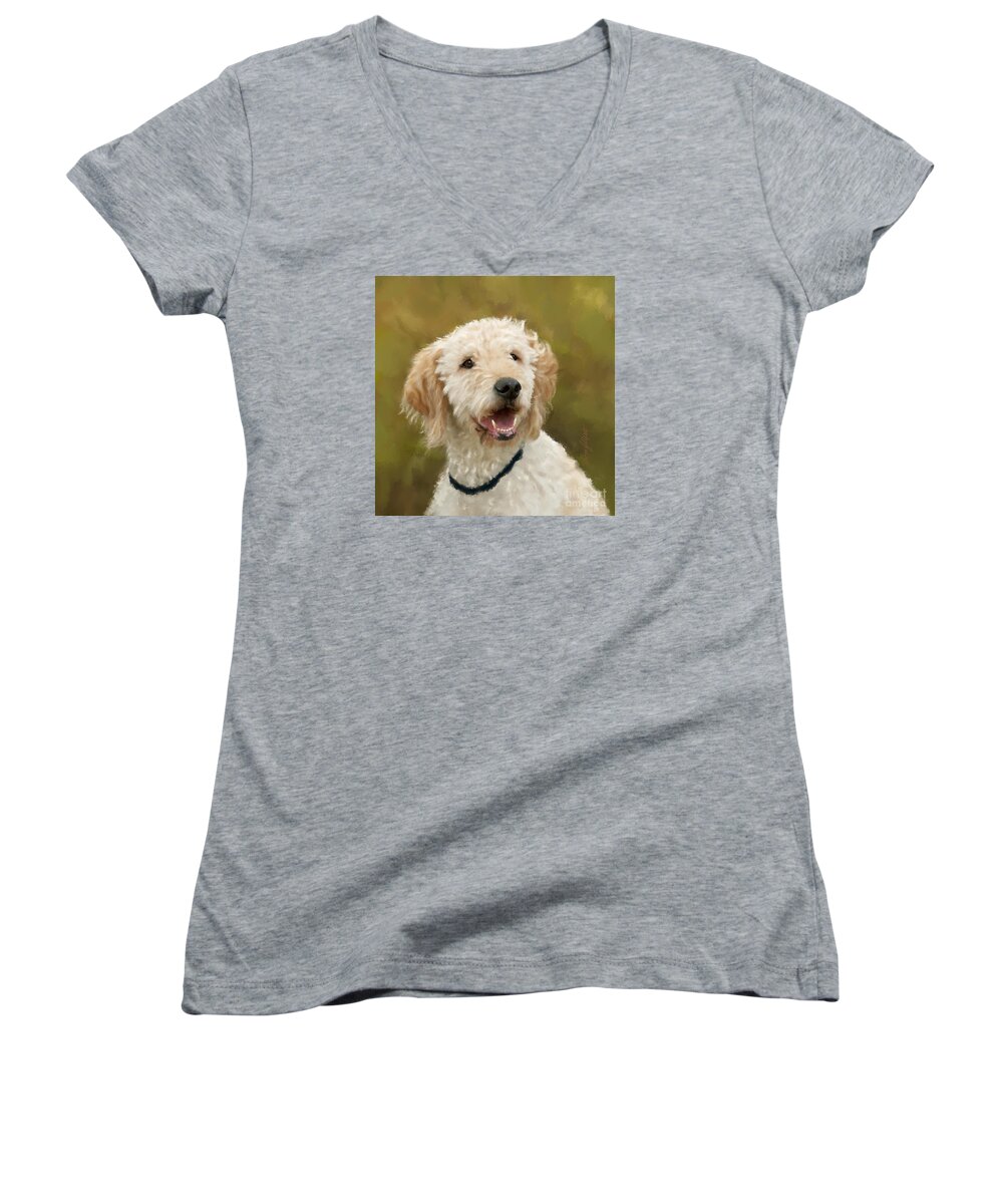 Golden-doodle Dog Women's V-Neck featuring the painting Dasha by Bon and Jim Fillpot