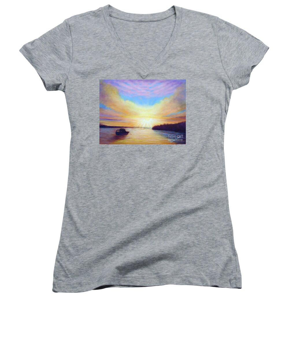 Dawn Women's V-Neck featuring the painting Dawn on Pigeon Lake by Sarah Irland