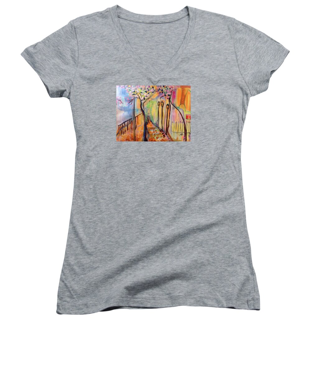 France Women's V-Neck featuring the painting Day for a stroll in France by Judith Desrosiers