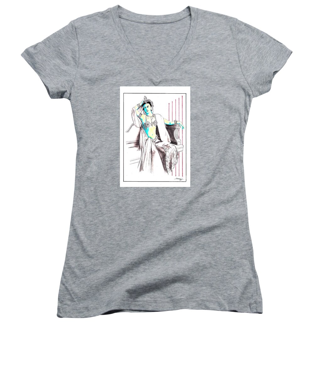 Dancer Women's V-Neck featuring the drawing Deadly Diva, Mata Hari -- Portrait by Jayne Somogy