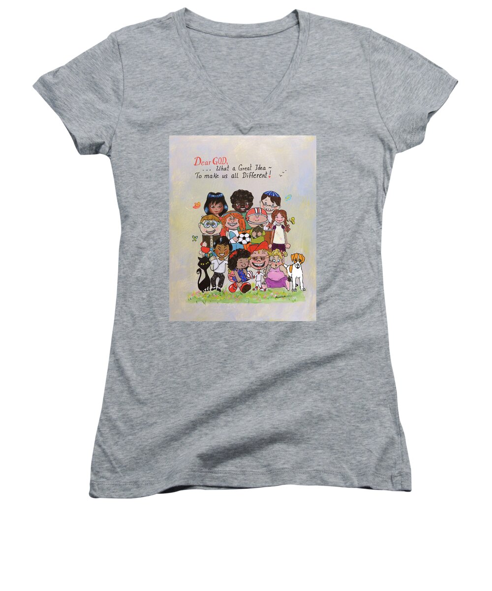 Children Women's V-Neck featuring the painting Dear God, What a Great Idea by Quwatha Valentine