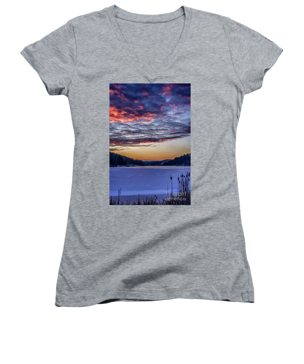 Snow Women's V-Neck featuring the photograph December Dawn on the Lake by Thomas R Fletcher