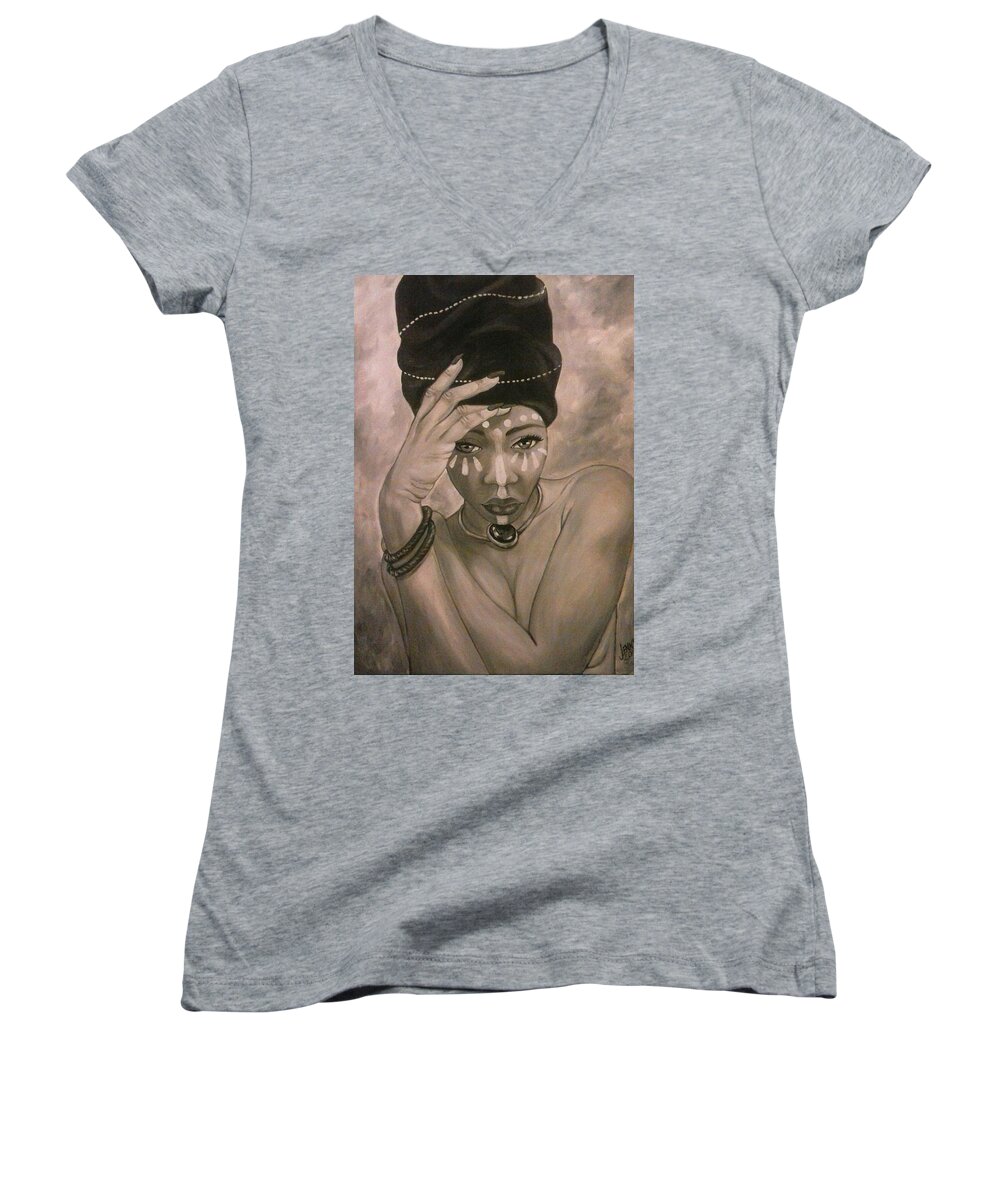 Black And White Paintings Women's V-Neck featuring the painting Deeply Rooted by Jenny Pickens