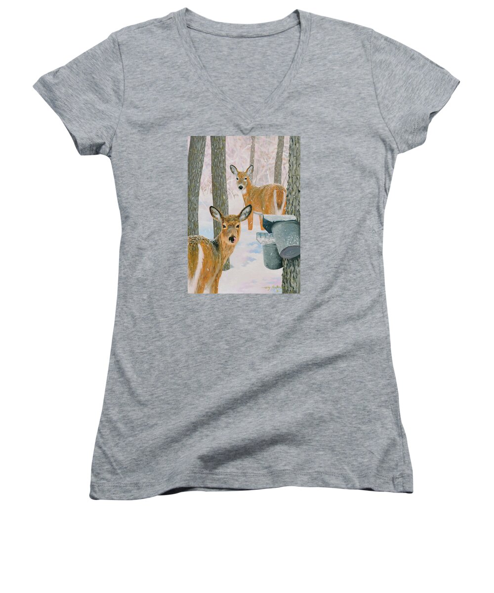 Animal Women's V-Neck featuring the painting Deer and Sap Buckets by Harry Moulton