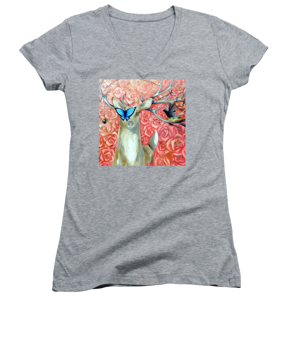  Women's V-Neck featuring the painting Deer To My Heart, square crop by Dina Dargo