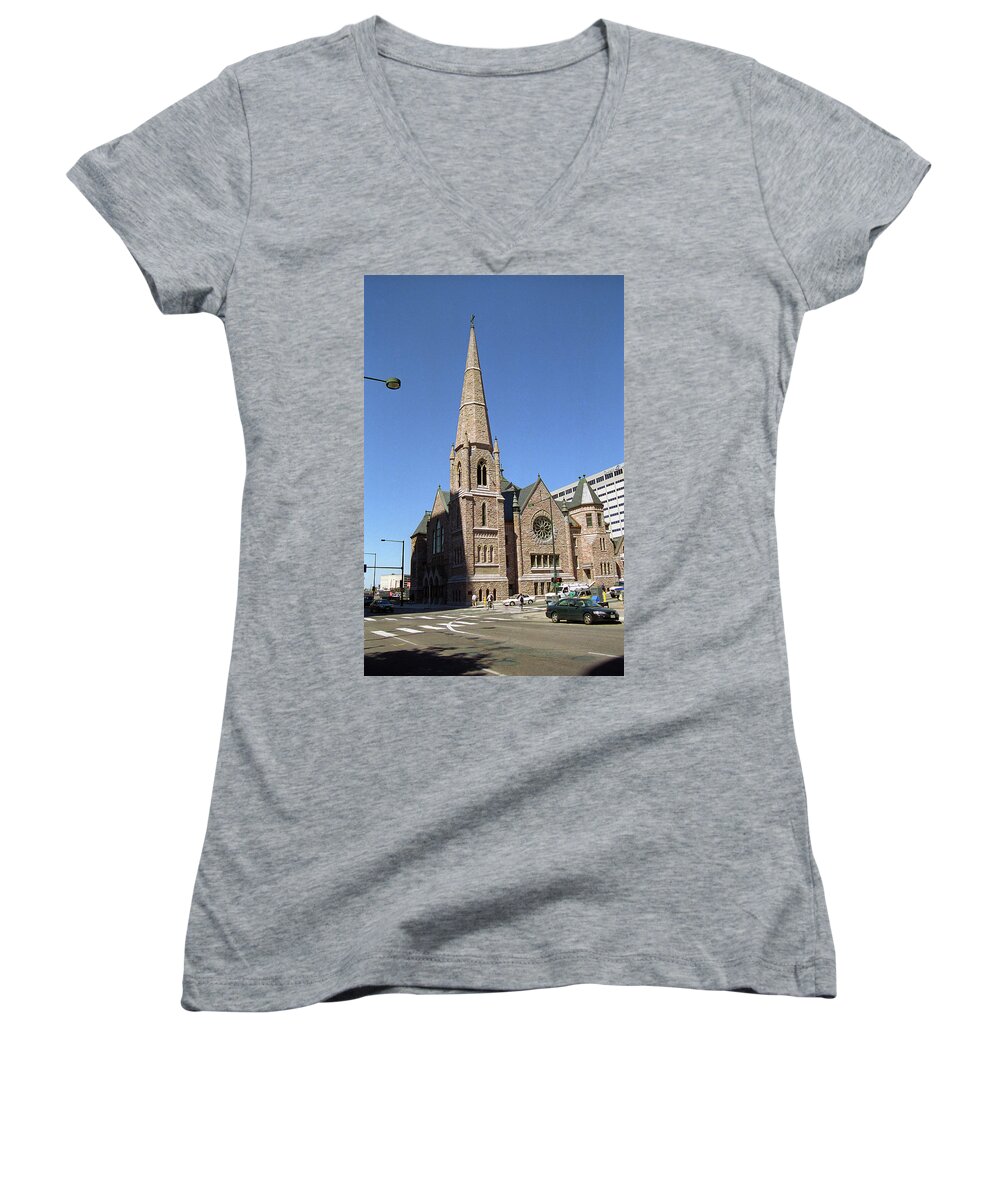 16th Women's V-Neck featuring the photograph Denver Downtown Church by Frank Romeo