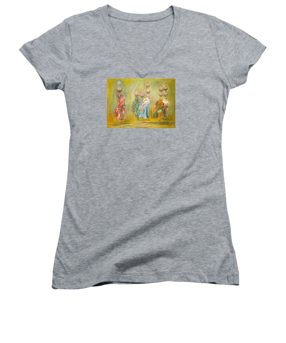 Landscape Women's V-Neck featuring the painting Desert colors by Khalid Saeed